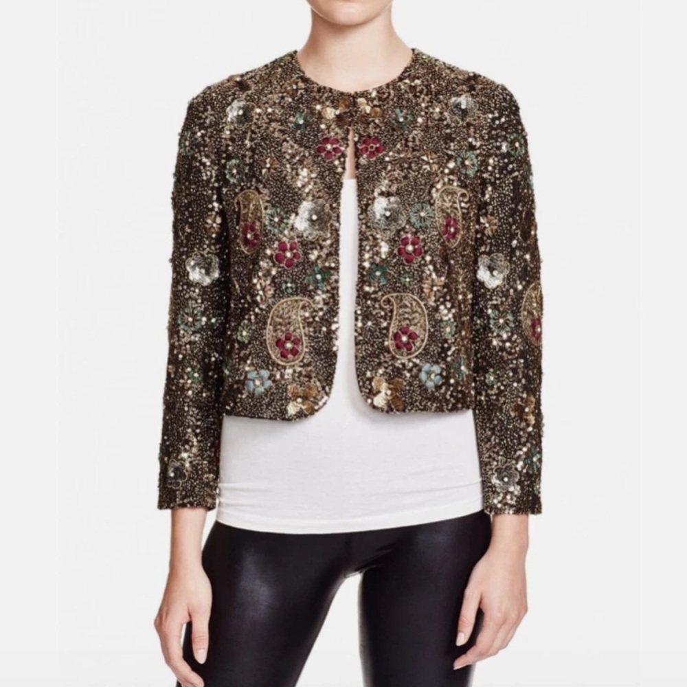 Alice + Olivia Brown Kidman Sequins Beaded Cropped Jacket Size xs